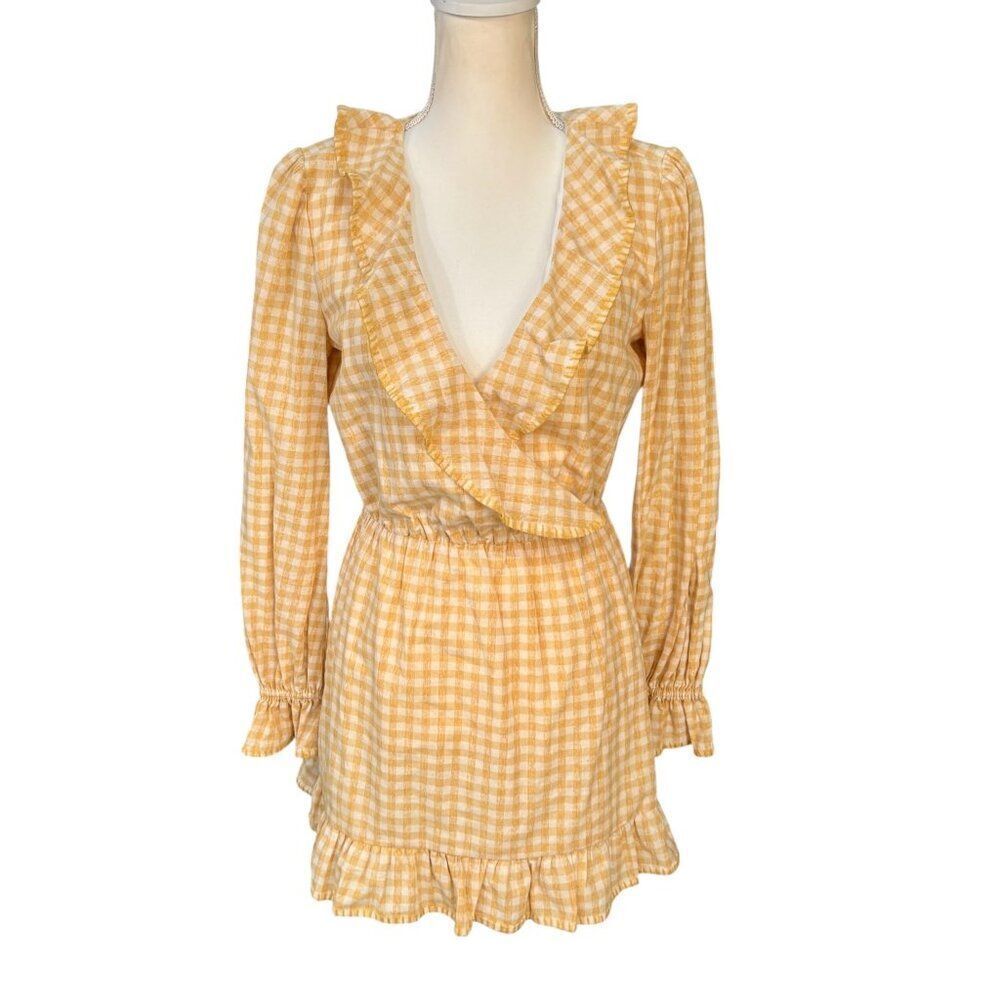 Tularosa Charleston Ruffle Hem Gingham Dress in York Yellow Size Small